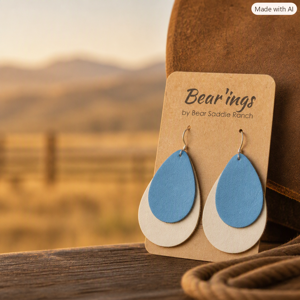 The Bear'ings — Blue Sky & Cream Leather Earrings