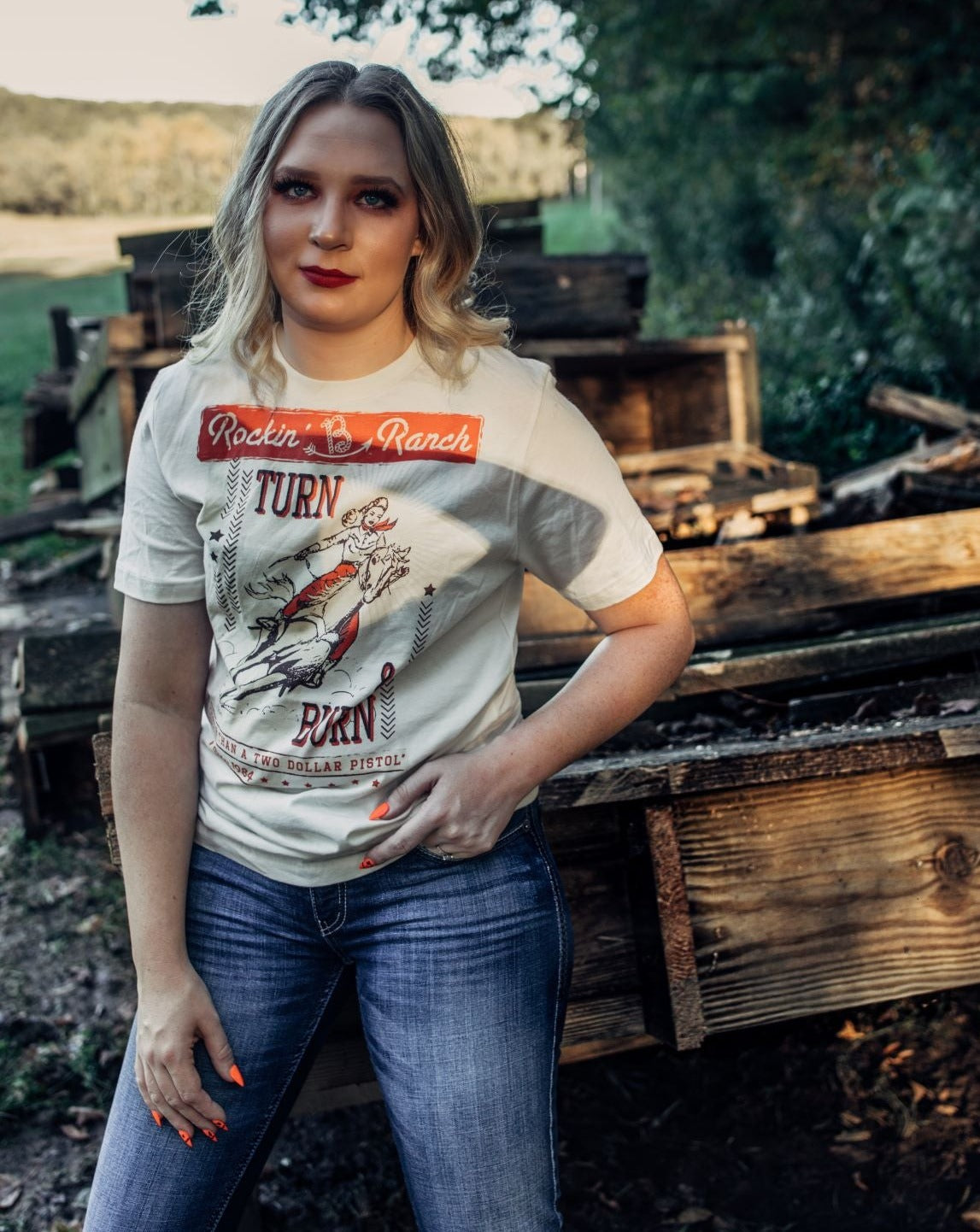 Rockin' B Clothing Turn and Burn Tee-Soft Cream
